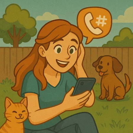 公園の草の上に座っている赤毛の女性が、スマートフォンを見ながら微笑んでいます。彼女のそばにはオレンジ色の猫が寄り添い、茶色の犬が近くに座っています。電話のアイコンとハッシュタグを含む吹き出しが彼女の上に浮かんでいて、電話の会話を示唆しています。