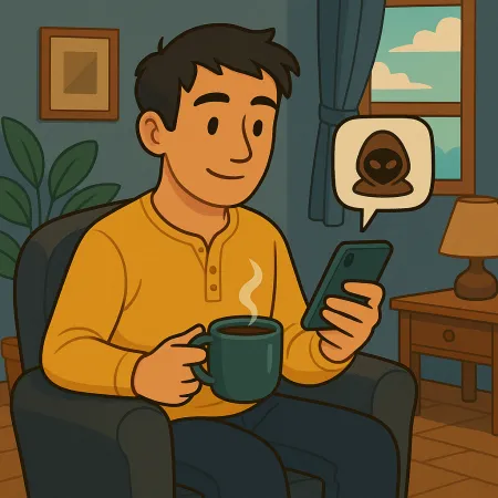 快適な椅子に座り、湯気の立つコーヒーを持ちながらスマートフォンを見ている男性。メッセージバブルには匿名マスクやハッカーのアイコンが表示されており、窓、ランプ、植物のある温かみのあるリビングルーム。