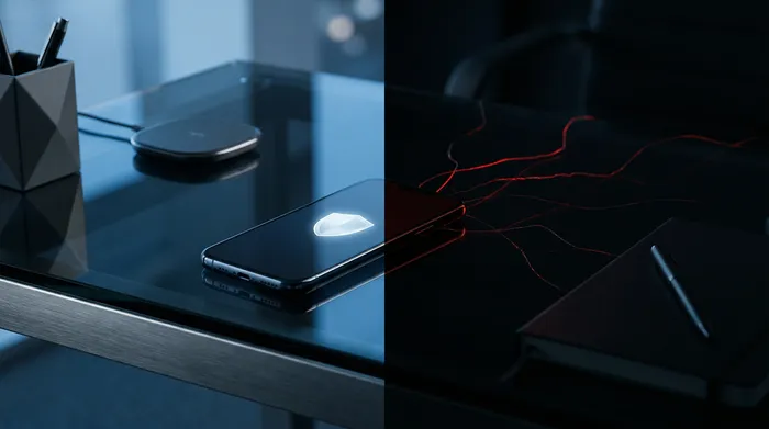 スマートフォンのデジタル顔認証システムでスキャンされている人物の顔のクローズアップ。