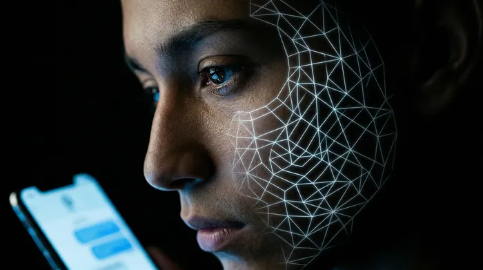 黒い背景に光るデジタル接続のネットワークに囲まれ、メッセージングインターフェース上に南京錠のアイコンが表示されたスマートフォンを手に持っている様子。モバイルデータセキュリティを象徴しています。