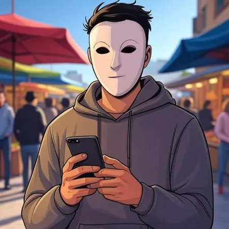 白いマスクをつけたアニメスタイルの若者が灰色のフード付きスウェットを着て、屋外市場で電話を見ています。