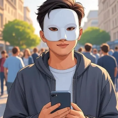 アニメスタイルの若い男性が白いマスクを着用し、グレーのフード付きジャケットを着て、混雑した通りでスマートフォンを持ちながらカメラを見つめています。