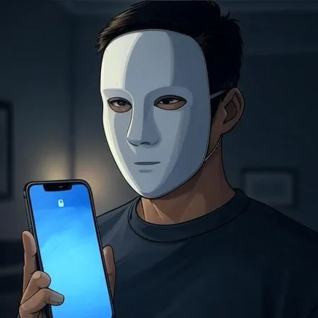 白いマスクをつけ、ロック画面が点灯しているスマートフォンを持っている人物。