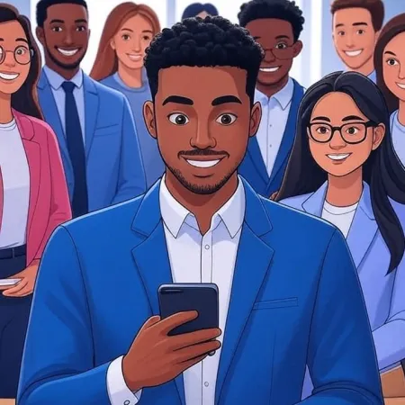スマートフォンを見つめて微笑む黒人ビジネスマンのイラスト、背景には彼のチームがいます。
