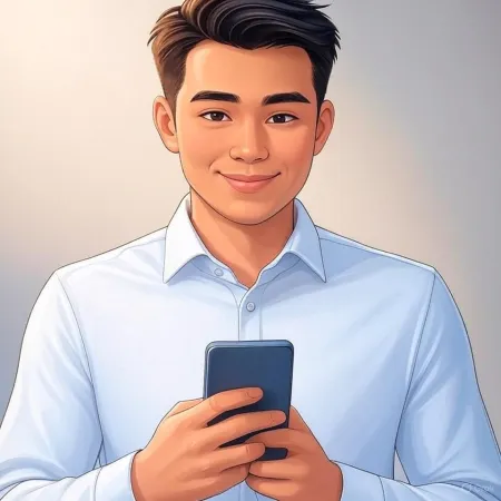青いスーツを着た笑顔のビジネスマンがスマートフォンを持っているイラスト。