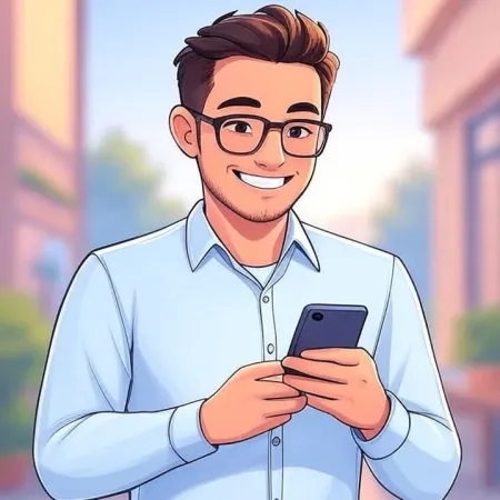 青いシャツを着た眼鏡をかけた笑顔の若い男性がスマートフォンを見ています。
