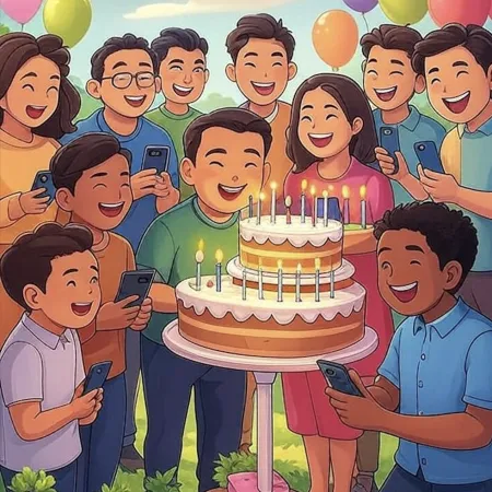 笑顔の人々が、点灯した数本のろうそくがある二段の大きなケーキを囲んで、携帯電話で写真を撮っている様子。