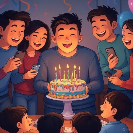 誕生日のイラスト、笑顔の男性がろうそくが灯ったケーキを持ち、友人や親しい人々に囲まれて写真を撮られている。