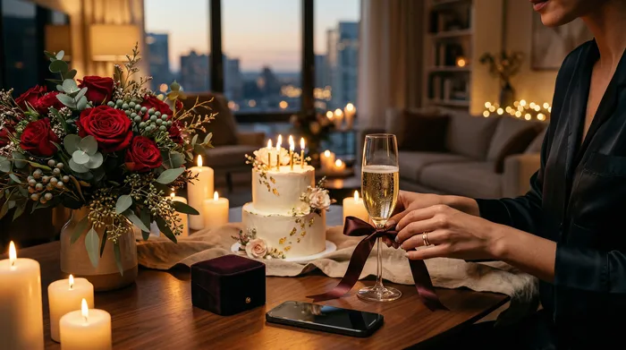 モダンなキッチンで笑顔の女性が携帯電話を見ています。背景では2人の男性が、火のついたろうそくが立てられた誕生日ケーキを彼女に差し出しています。