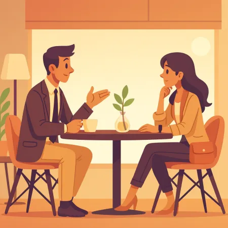 カフェで対面して話している二人の人物のイラスト、スーツを着た男性とカジュアルな服装の女性が小さな植物を中央に置いたテーブルに座っています。